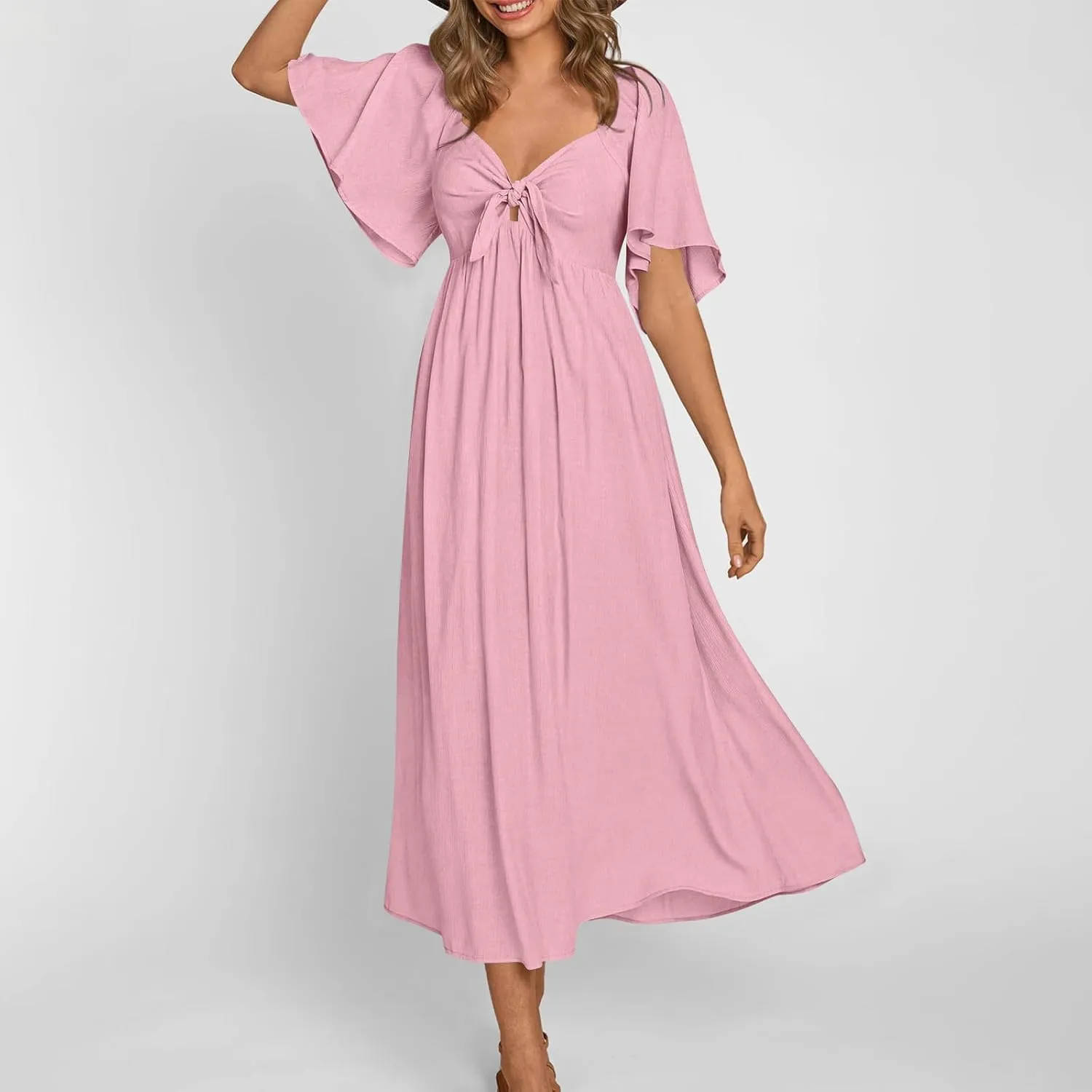 Women's Summer Long Dresses Casual Short Sleeve Flowy Swing Boho Dresses Deep V Neck Elegant Bow tie Beach Dress