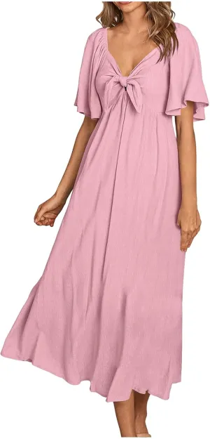 Women's Summer Long Dresses Casual Short Sleeve Flowy Swing Boho Dresses Deep V Neck Elegant Bow tie Beach Dress