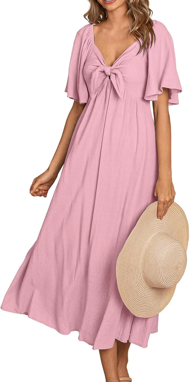 Women's Summer Long Dresses Casual Short Sleeve Flowy Swing Boho Dresses Deep V Neck Elegant Bow tie Beach Dress