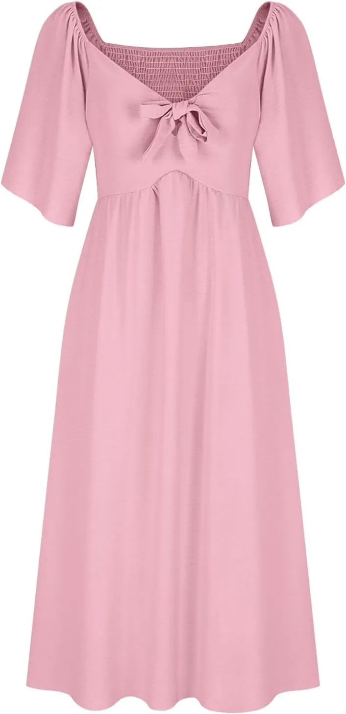 Women's Summer Long Dresses Casual Short Sleeve Flowy Swing Boho Dresses Deep V Neck Elegant Bow tie Beach Dress