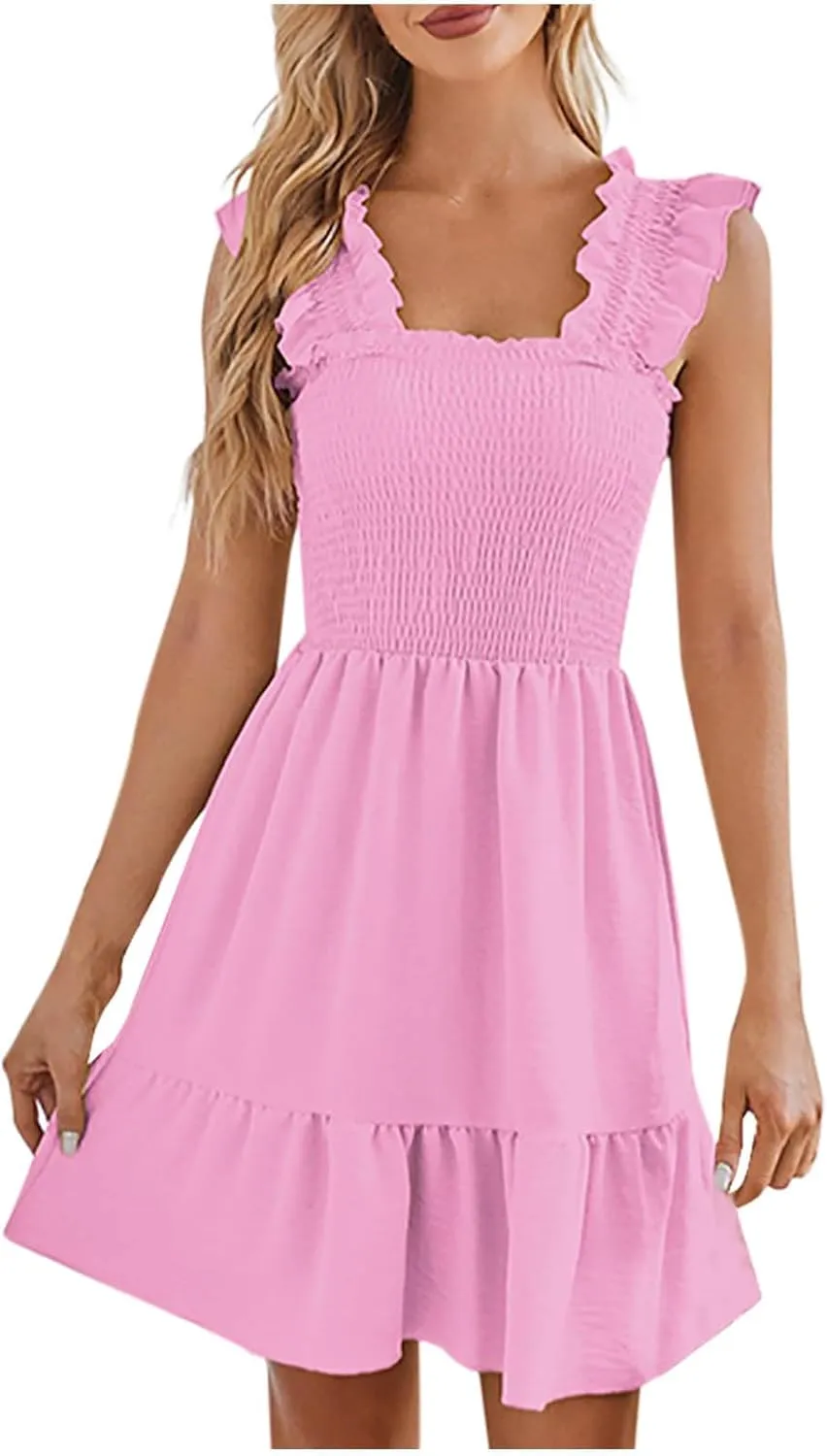 Women's Summer Mini Dresses Square Neck Smocked Boho Dress Ruffle Sleeveless Flowy Cute Casual A-Line Beach Sundress
