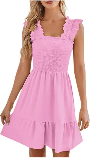 Women's Summer Mini Dresses Square Neck Smocked Boho Dress Ruffle Sleeveless Flowy Cute Casual A-Line Beach Sundress