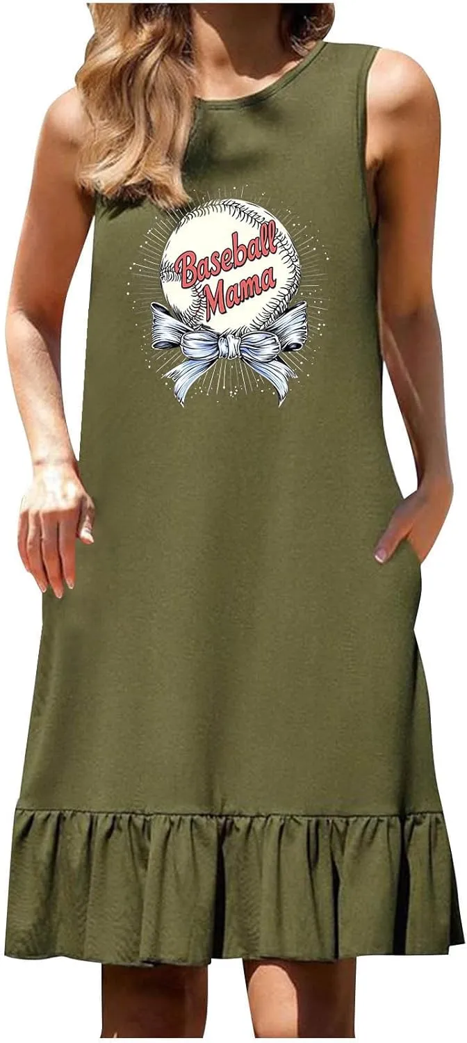 Women's Summer Sleeveless Beach Dress Cute Graphic Ruffle Swing Mini Sundress Crewneck Casual 2025 New