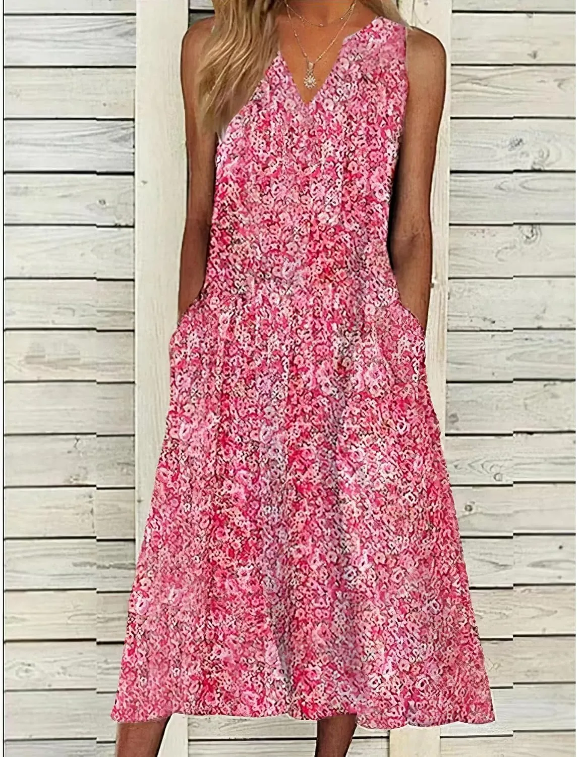 Womens Summer Sleeveless Boho Floral Printed Midi Tank Dresses V Neck Beach Tshirt Sundress with Pockets