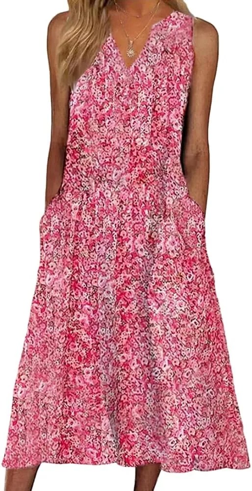 Womens Summer Sleeveless Boho Floral Printed Midi Tank Dresses V Neck Beach Tshirt Sundress with Pockets