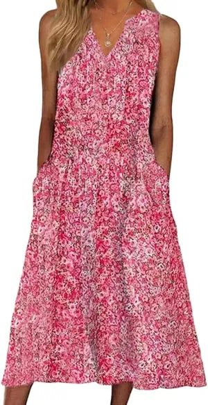 Womens Summer Sleeveless Boho Floral Printed Midi Tank Dresses V Neck Beach Tshirt Sundress with Pockets