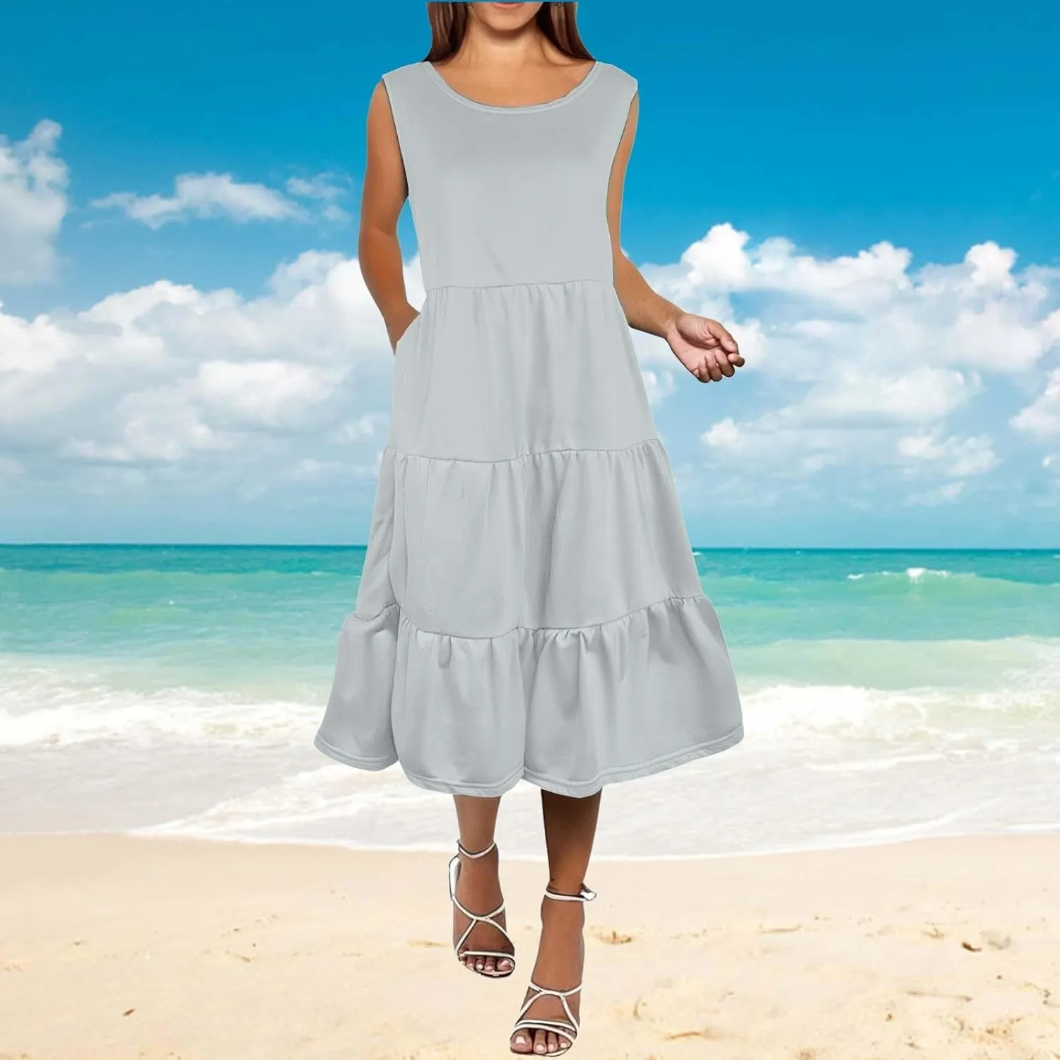 Women's Summer Sleeveless Maxi Sundress Swing Casual Flowy Tiered Shirts Dress Beach Travel Vacation Outfits