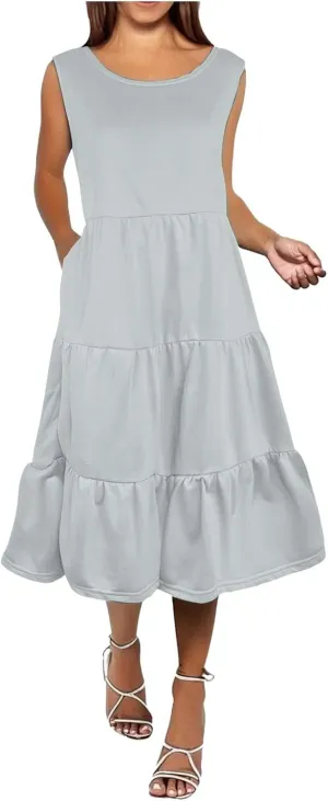 Women's Summer Sleeveless Maxi Sundress Swing Casual Flowy Tiered Shirts Dress Beach Travel Vacation Outfits
