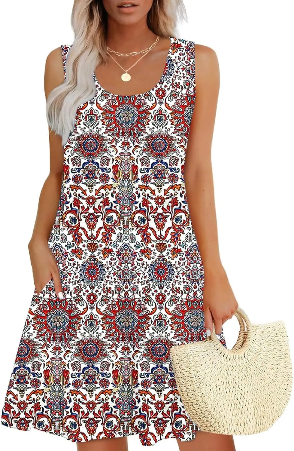 Women's Summer Sleeveless Tank Boho Beach Dress Floral Mini Sundress with Pockets Casual Loose Fit Flowy Tshirt Dress