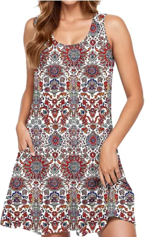 Women's Summer Sleeveless Tank Boho Beach Dress Floral Mini Sundress with Pockets Casual Loose Fit Flowy Tshirt Dress