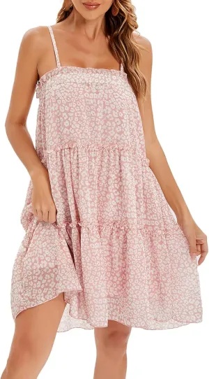 Women's Summer Spaghetti Strap Ruffle Hem Sleeveless Cami Dress Casual Tiered Flowy Mini Dresses Loose Beach Sundress