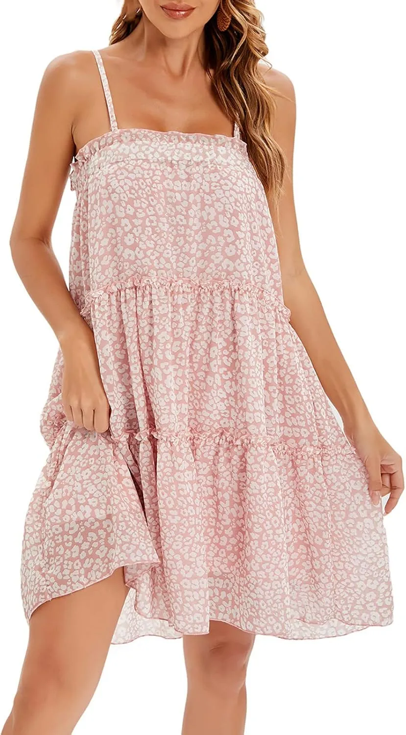 Women's Summer Spaghetti Strap Ruffle Hem Sleeveless Cami Dress Casual Tiered Flowy Mini Dresses Loose Beach Sundress