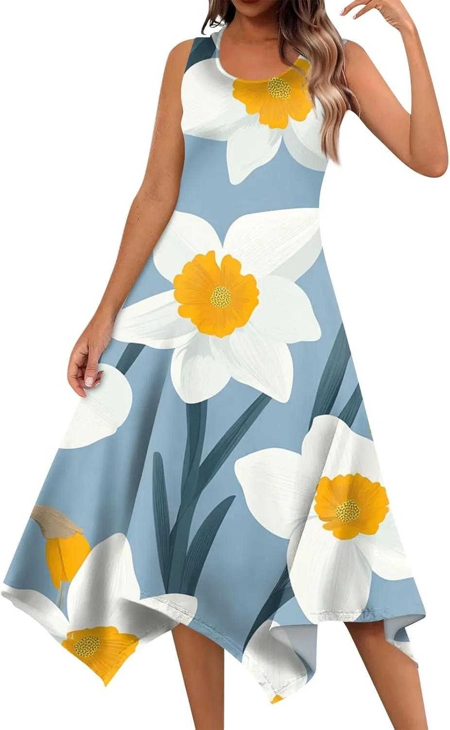 Women's Sundresses Round Neck Sleeveless Tank Dress Vintage Floral Print with Irregular Hem Mid Casual Dresses, S-2XL