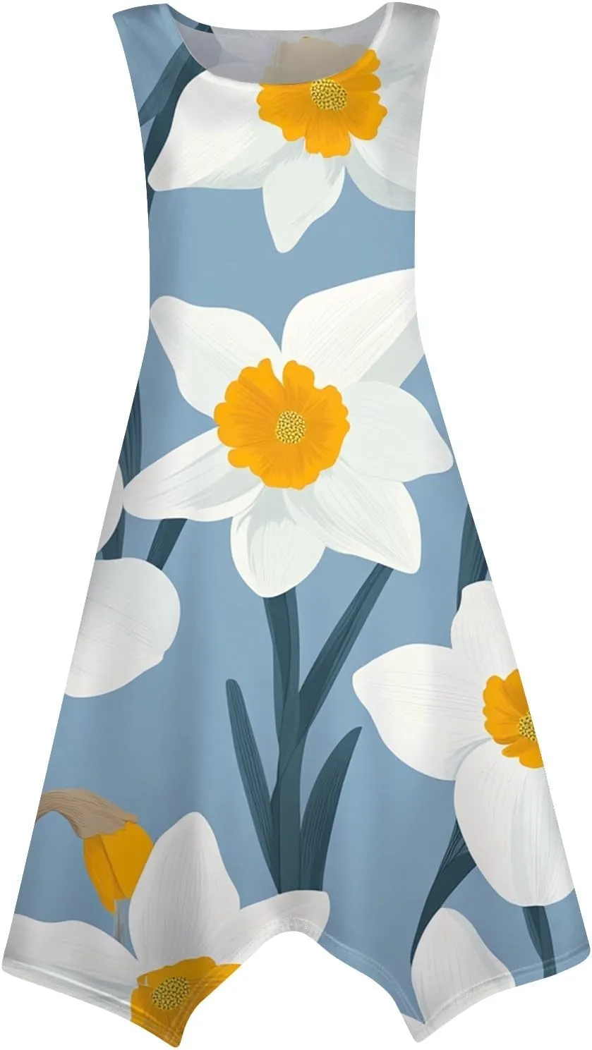 Women's Sundresses Round Neck Sleeveless Tank Dress Vintage Floral Print with Irregular Hem Mid Casual Dresses, S-2XL