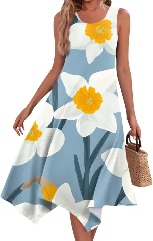 Women's Sundresses Round Neck Sleeveless Tank Dress Vintage Floral Print with Irregular Hem Mid Casual Dresses, S-2XL