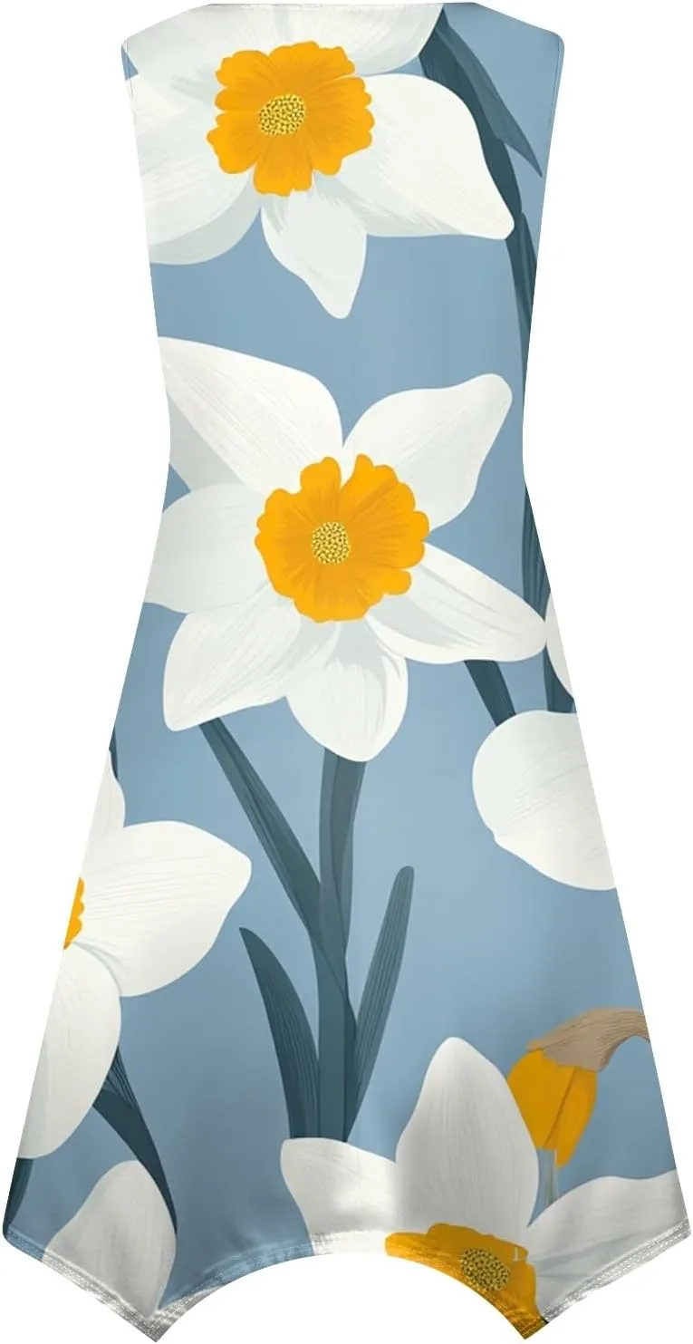 Women's Sundresses Round Neck Sleeveless Tank Dress Vintage Floral Print with Irregular Hem Mid Casual Dresses, S-2XL
