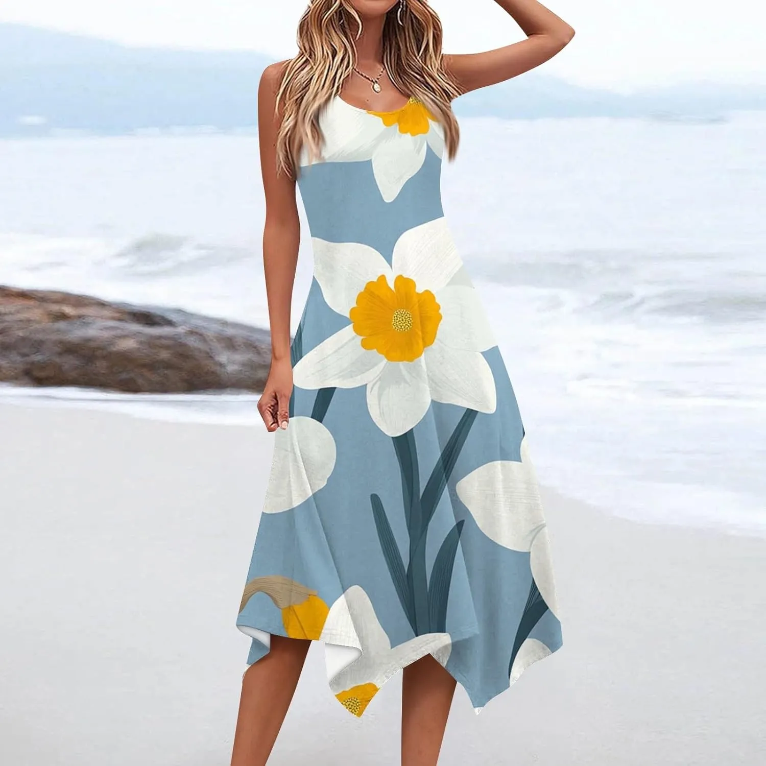 Women's Sundresses Round Neck Sleeveless Tank Dress Vintage Floral Print with Irregular Hem Mid Casual Dresses, S-2XL