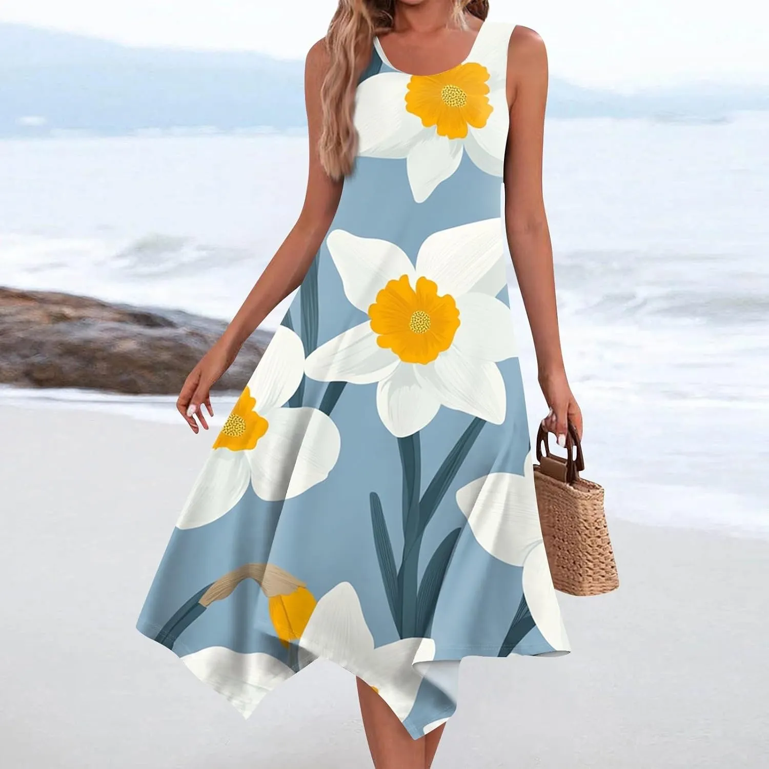 Women's Sundresses Round Neck Sleeveless Tank Dress Vintage Floral Print with Irregular Hem Mid Casual Dresses, S-2XL