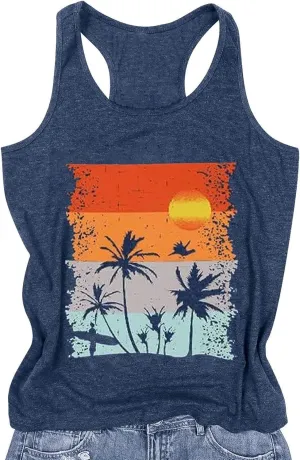 Womens Tank Tops Summer Racerback Graphic Tanks Beach Vacation Tops Loose Running Athletic Sleeveless Shirt Cami