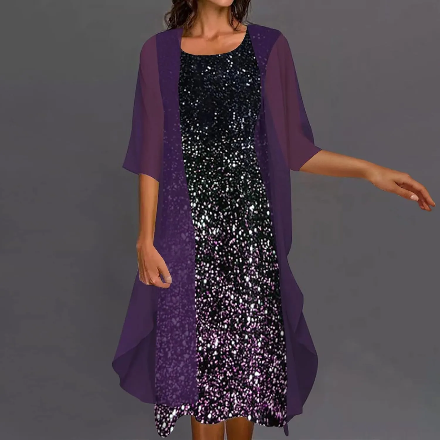Womens Two-Piece Set Summer Casual Loose Midi Dress with Cardigan Chiffon Sleeveless Plus Size Wedding Guest Dresses