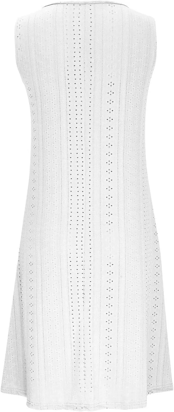 Womens V Neck Eyelet Dresses Summer Casual Dresses Cover Up Sleeveless Knee Length Dress Casual Tank Sundress Tunics