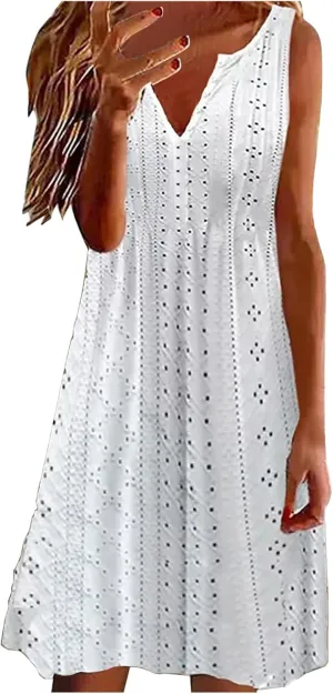 Womens V Neck Eyelet Dresses Summer Casual Dresses Cover Up Sleeveless Knee Length Dress Casual Tank Sundress Tunics
