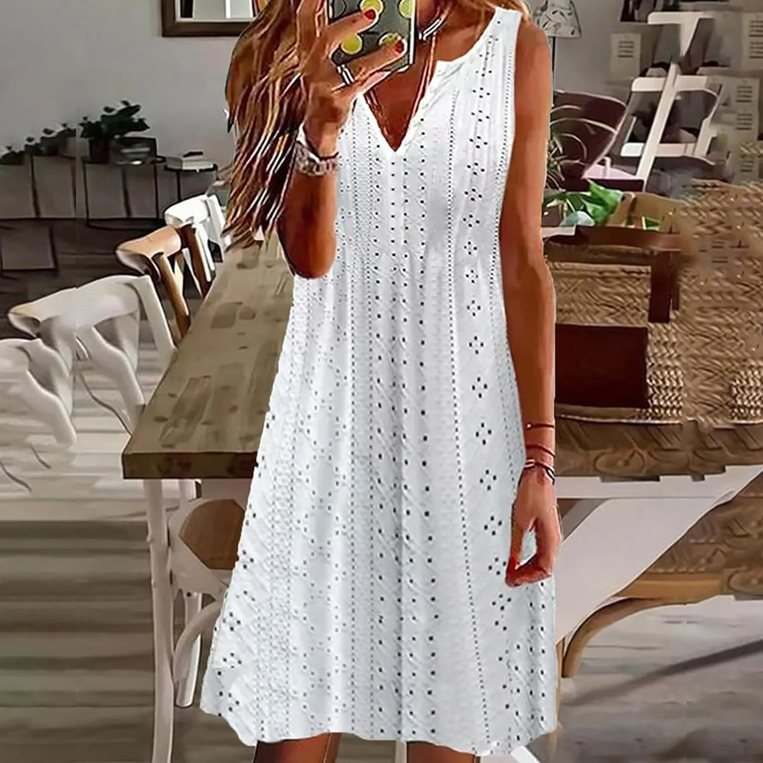 Womens V Neck Eyelet Dresses Summer Casual Dresses Cover Up Sleeveless Knee Length Dress Casual Tank Sundress Tunics