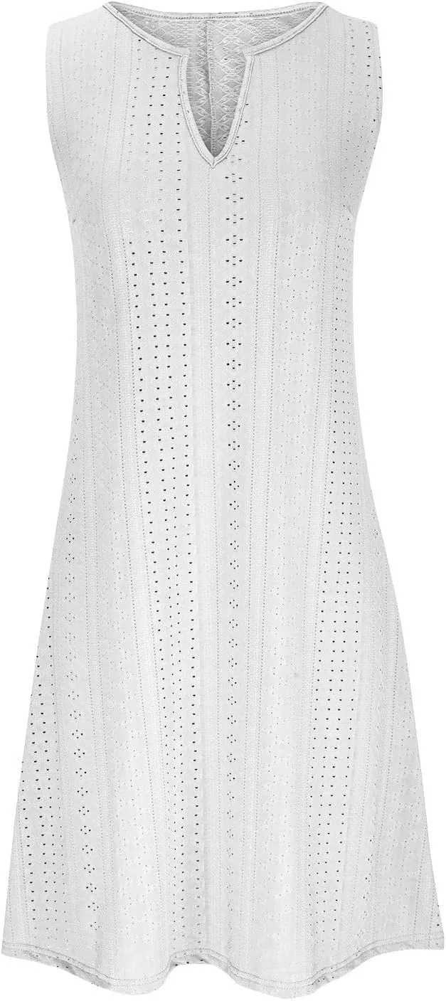 Womens V Neck Eyelet Dresses Summer Casual Dresses Cover Up Sleeveless Knee Length Dress Casual Tank Sundress Tunics