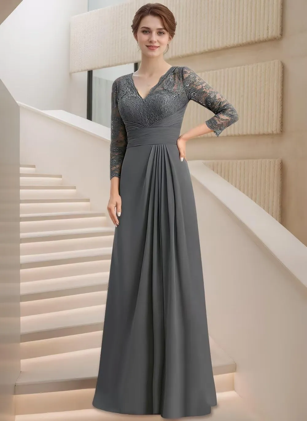 Women's V-Neck Lace Appliques Mother of The Bride Dresses A-Line Long Sleeves Chiffon Formal Gown Evening Dresses