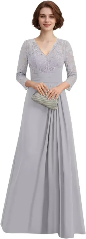 Women's V-Neck Lace Appliques Mother of The Bride Dresses A-Line Long Sleeves Chiffon Formal Gown Evening Dresses