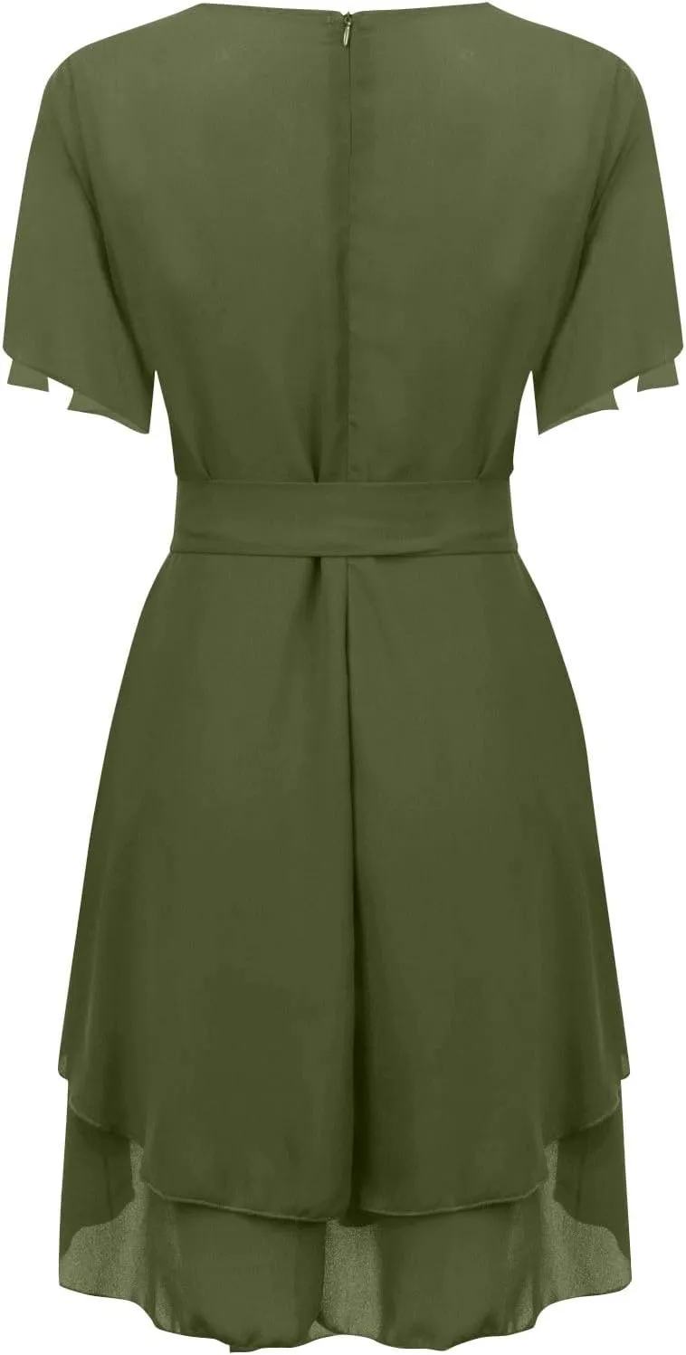 Women's Wrap V Neck Short Flared Sleeve Wedding Guest Dress Smocked Elastic Waist Tiered Ruffle Hem Mini Dress