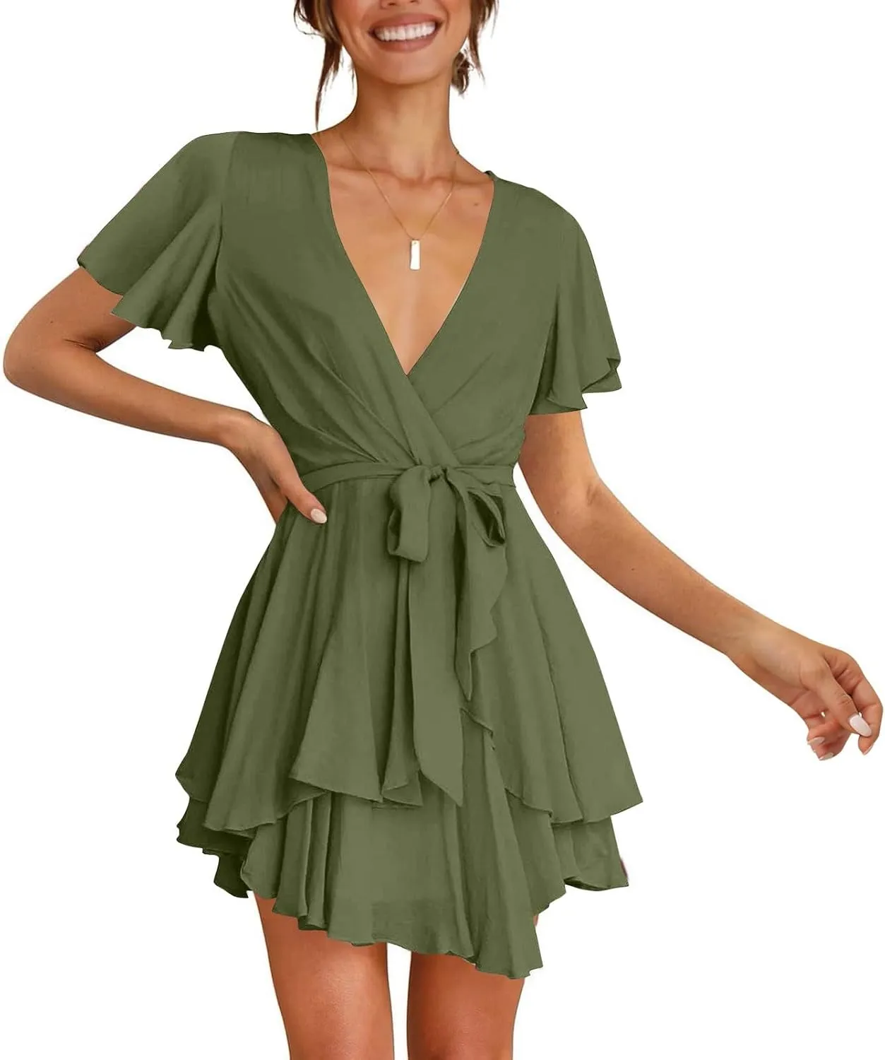 Women's Wrap V Neck Short Flared Sleeve Wedding Guest Dress Smocked Elastic Waist Tiered Ruffle Hem Mini Dress