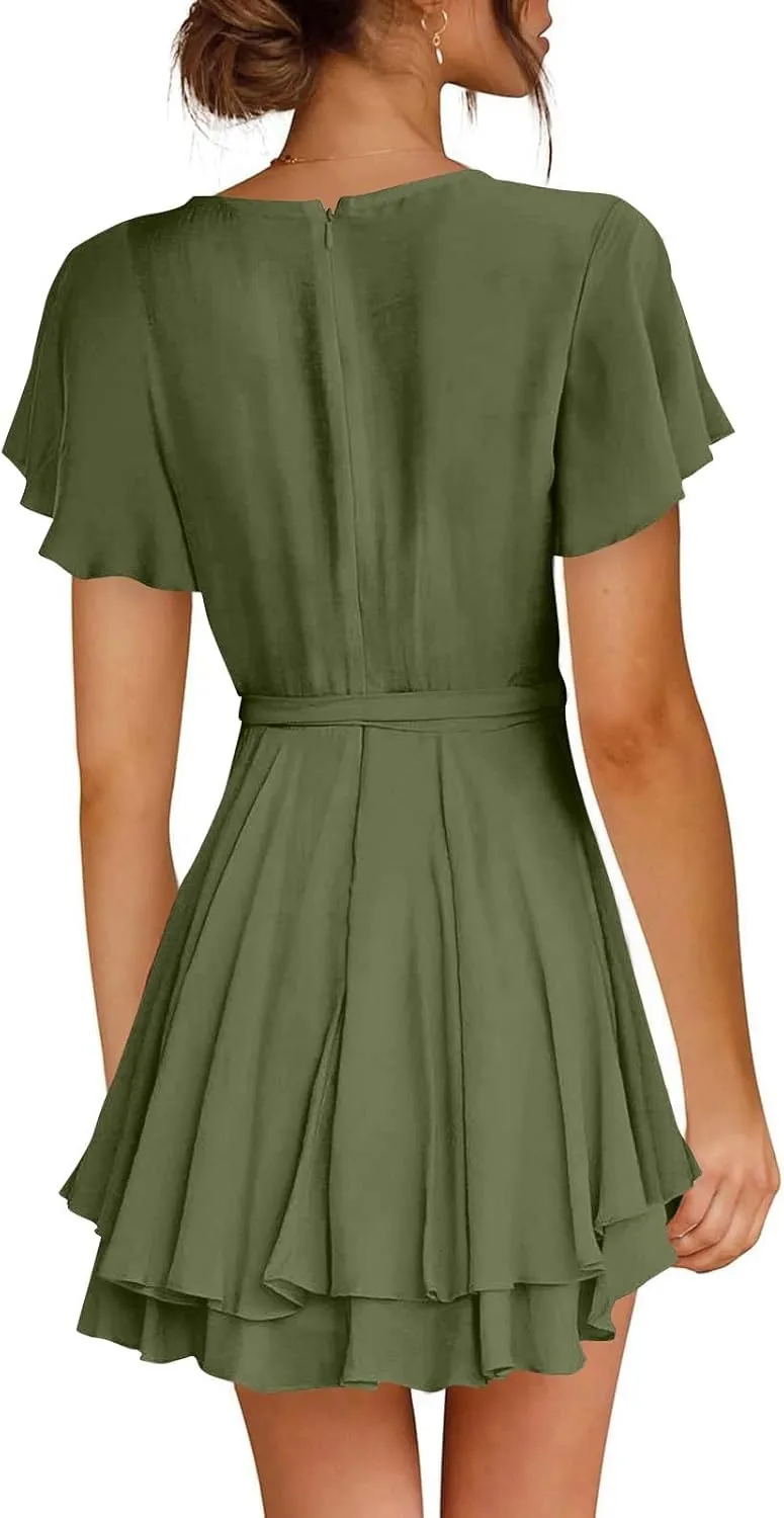 Women's Wrap V Neck Short Flared Sleeve Wedding Guest Dress Smocked Elastic Waist Tiered Ruffle Hem Mini Dress