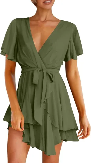 Women's Wrap V Neck Short Flared Sleeve Wedding Guest Dress Smocked Elastic Waist Tiered Ruffle Hem Mini Dress