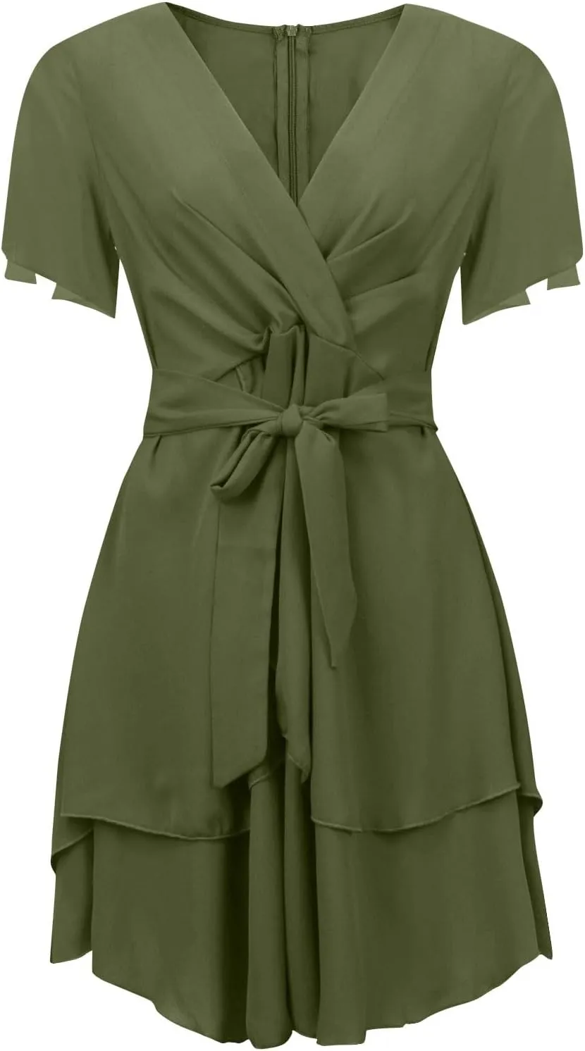 Women's Wrap V Neck Short Flared Sleeve Wedding Guest Dress Smocked Elastic Waist Tiered Ruffle Hem Mini Dress