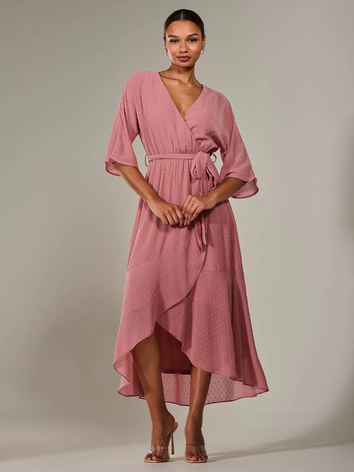 Wrap Tie Front Midi Dress, Dusty Pink