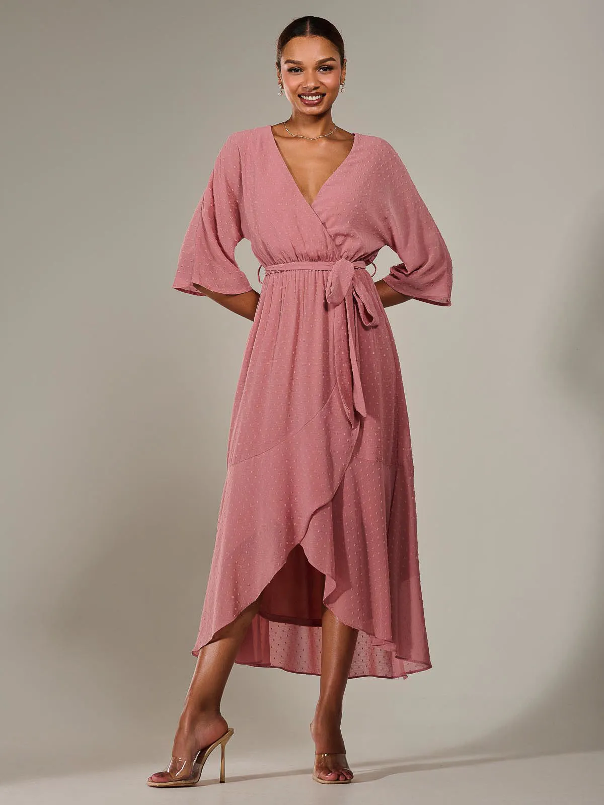 Wrap Tie Front Midi Dress, Dusty Pink