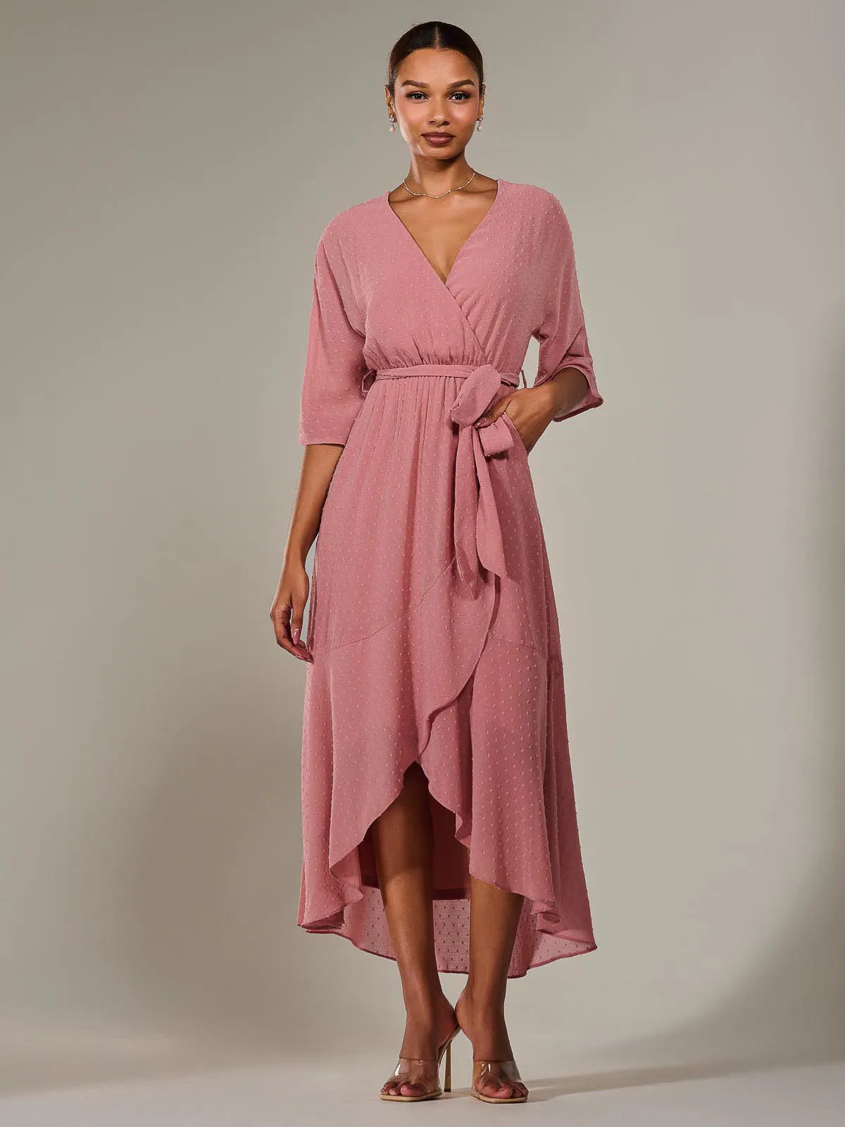 Wrap Tie Front Midi Dress, Dusty Pink