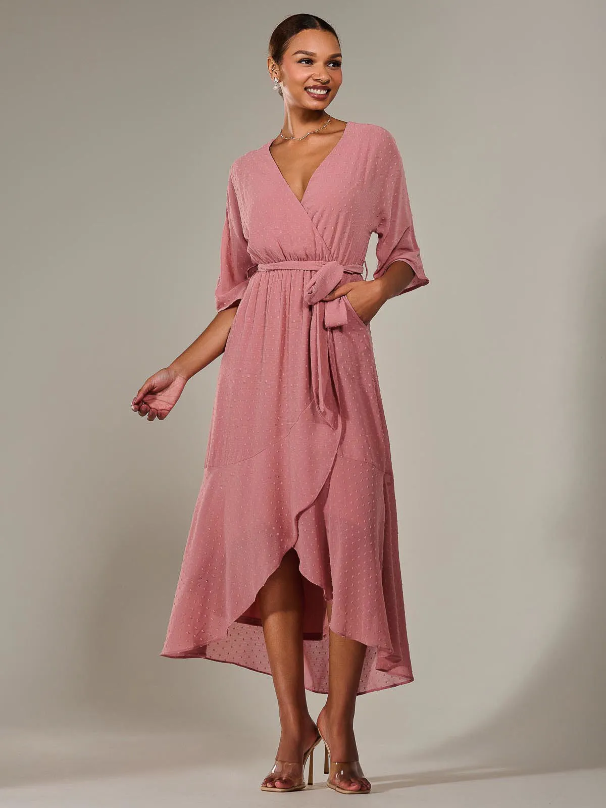 Wrap Tie Front Midi Dress, Dusty Pink