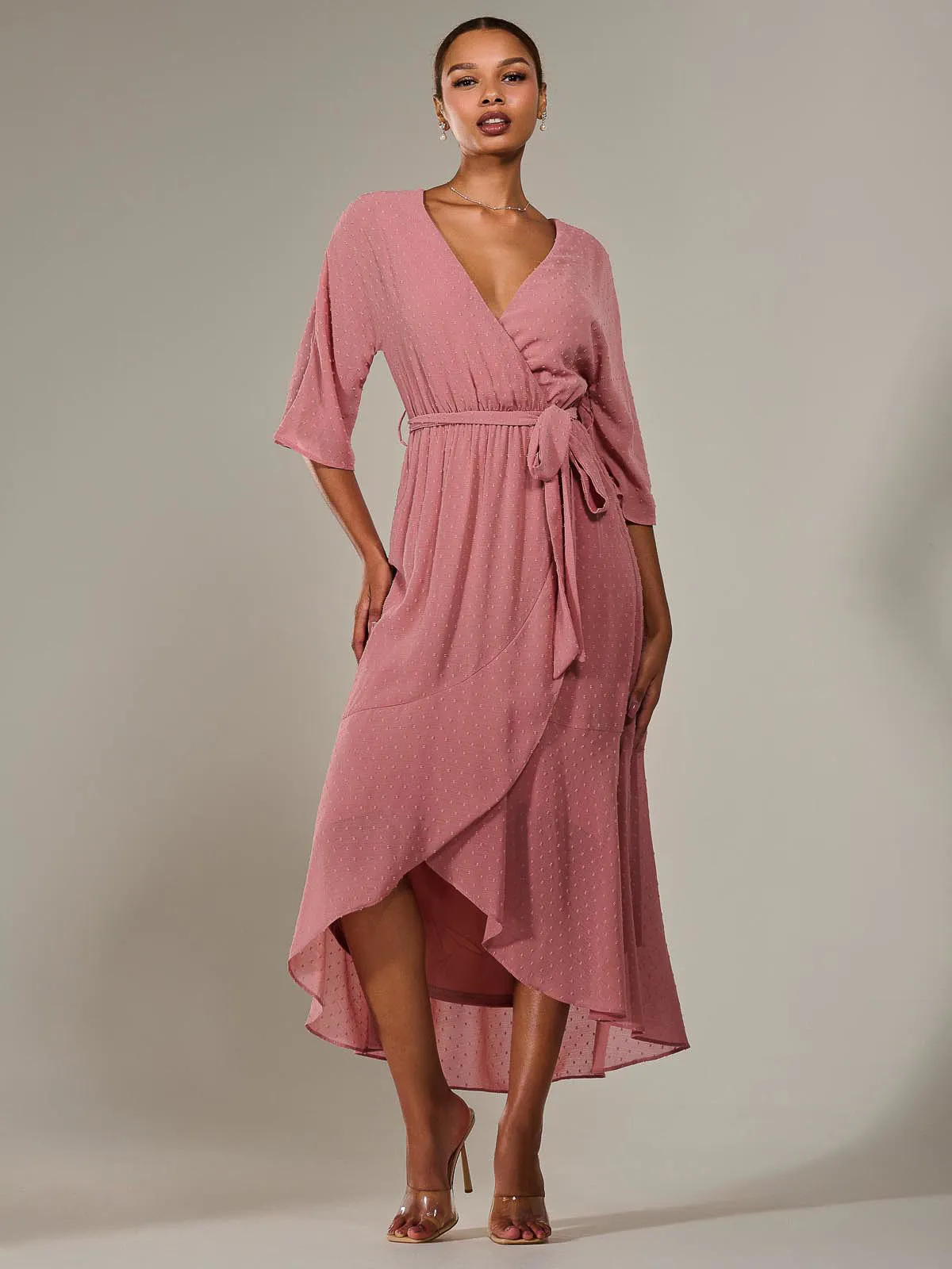 Wrap Tie Front Midi Dress, Dusty Pink