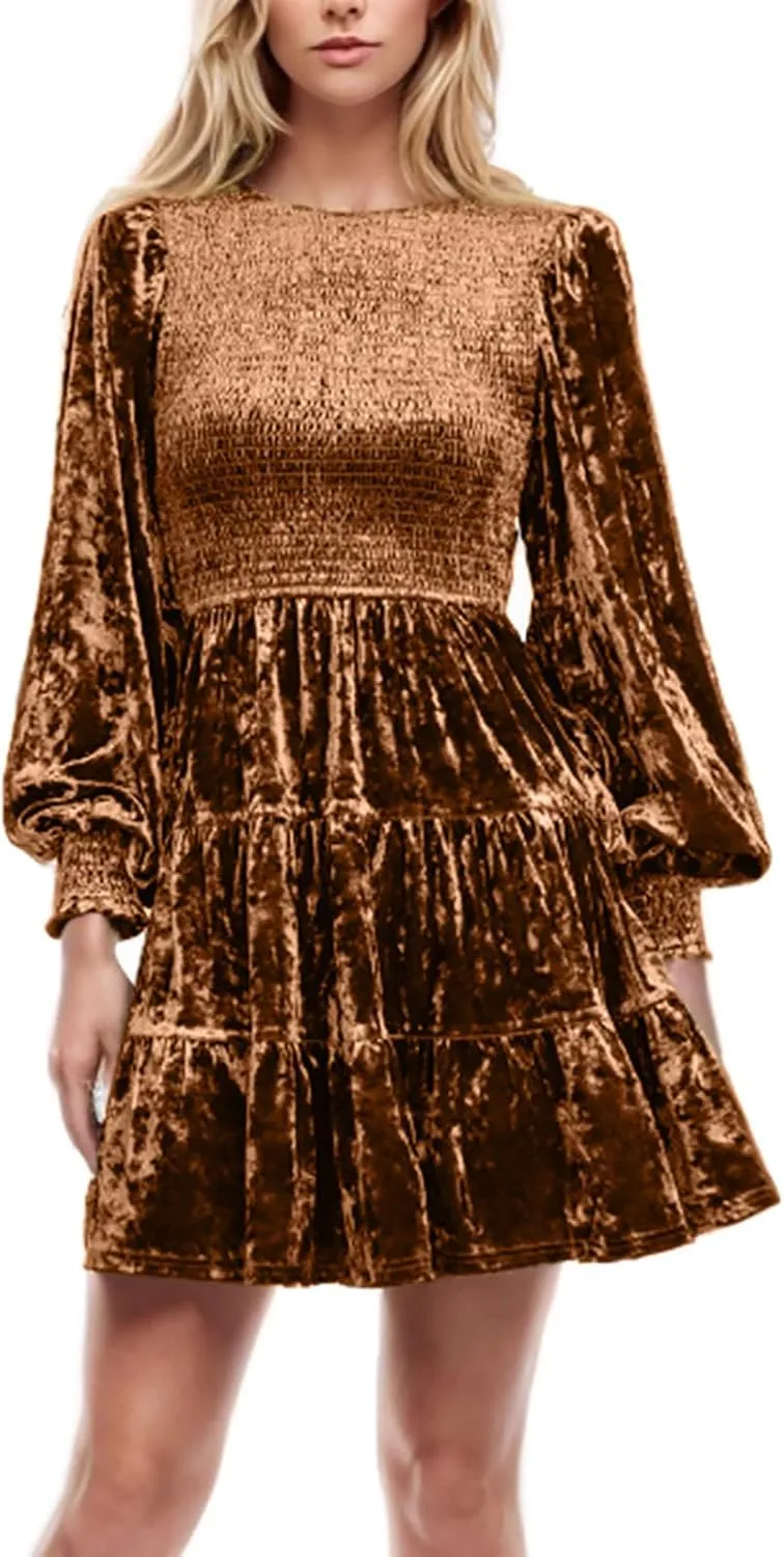 XUNRYAN Womens Velvet Dress Fall Winter Crushed Long Sleeve Crew Neck Elastic Smocked A-Line Tiered Ruffle Mini Dresses