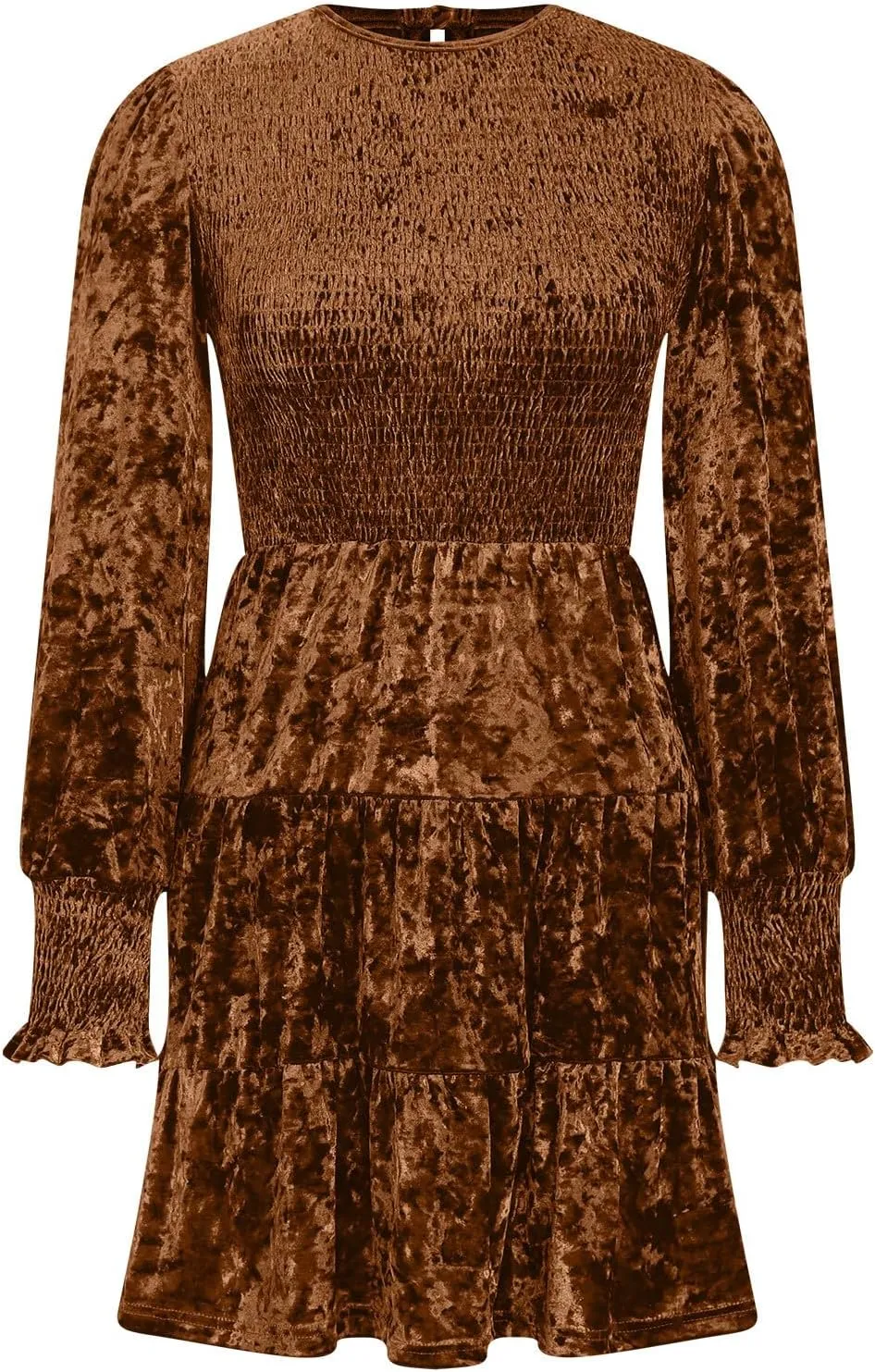 XUNRYAN Womens Velvet Dress Fall Winter Crushed Long Sleeve Crew Neck Elastic Smocked A-Line Tiered Ruffle Mini Dresses
