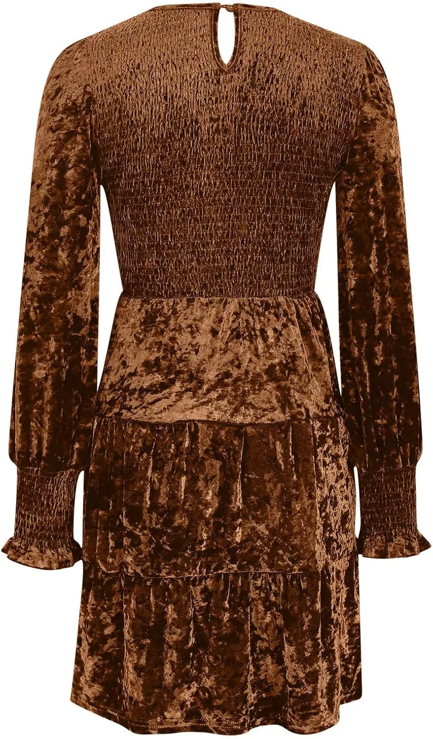 XUNRYAN Womens Velvet Dress Fall Winter Crushed Long Sleeve Crew Neck Elastic Smocked A-Line Tiered Ruffle Mini Dresses
