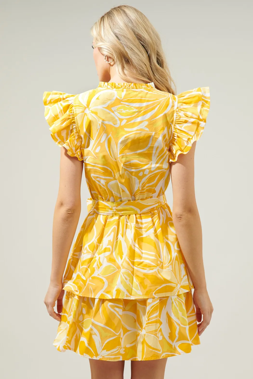 Yellow Tropical Flutter Sleeve Tiered Dress