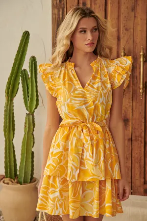 Yellow Tropical Flutter Sleeve Tiered Dress