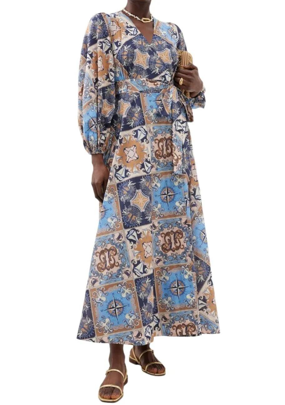 Zimmermann Alight Wrap Midi Dress | Blue Nautical Print, Puff Sleeve, Cotton