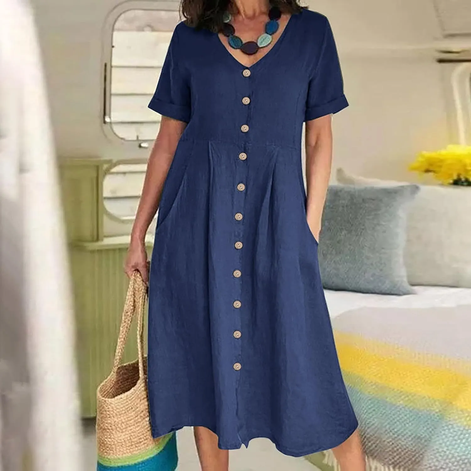 ZWRXW Cotton Linen Dresses for Women 2024 Summer Casual T Shirt Dress Short Sleeve Button Down Beach Swing Dress with Pockets