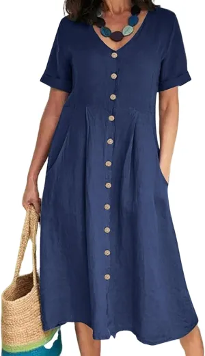 ZWRXW Cotton Linen Dresses for Women 2024 Summer Casual T Shirt Dress Short Sleeve Button Down Beach Swing Dress with Pockets