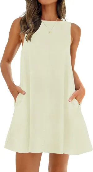 ZWRXW Cotton Linen Dresses for Women 2024 Summer Sleeveless Tunic Mini Dress Backless U Neck Sundress Flowy Beach Tank Dress